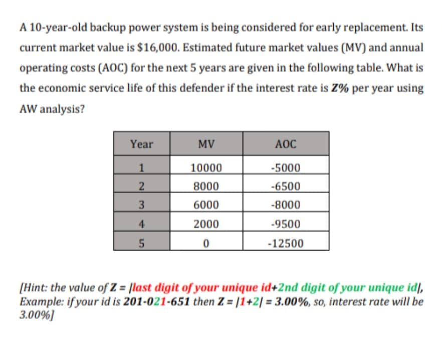 A 10-year-old backup power system is being considered for early replacement. Its
current market value is $16,000. Estimated future market values (MV) and annual
operating costs (AOC) for the next 5 years are given in the following table. What is
the economic service life of this defender if the interest rate is Z% per year using
AW analysis?
Year
MV
AOC
1
10000
-5000
8000
-6500
6000
-8000
4
2000
-9500
-12500
[Hint: the value of Z = |last digit of your unique id+2nd digit of your unique id],
Example: if your id is 201-021-651 then Z = |1+2| = 3.00%, so, interest rate will be
3.00%)
3.
