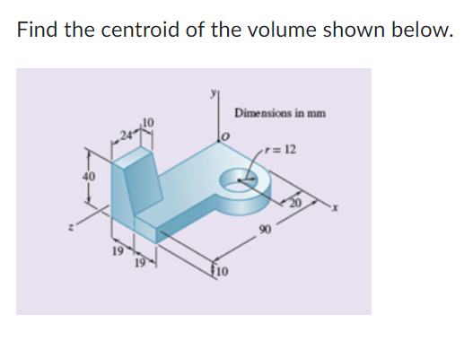 Find the centroid of the volume shown below.
Dimensions in mm
r=12
8