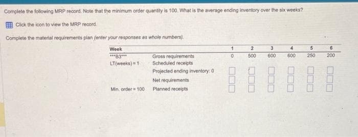 Complete the following MRP record. Note that the minimum order quantity is 100. What is the average ending inventory over the six weeks?
Click the icon to view the MRP record.
Complete the material requirements plan (enter your responses as whole numbers).
Week
***83***
LT(weeks) 1
Gross requirements
Scheduled receipts
Projected ending inventory: 0
Net requirements
Min. order = 100 Planned receipts
1
0
2
500
3
600
000
4
5
600 250
6
200