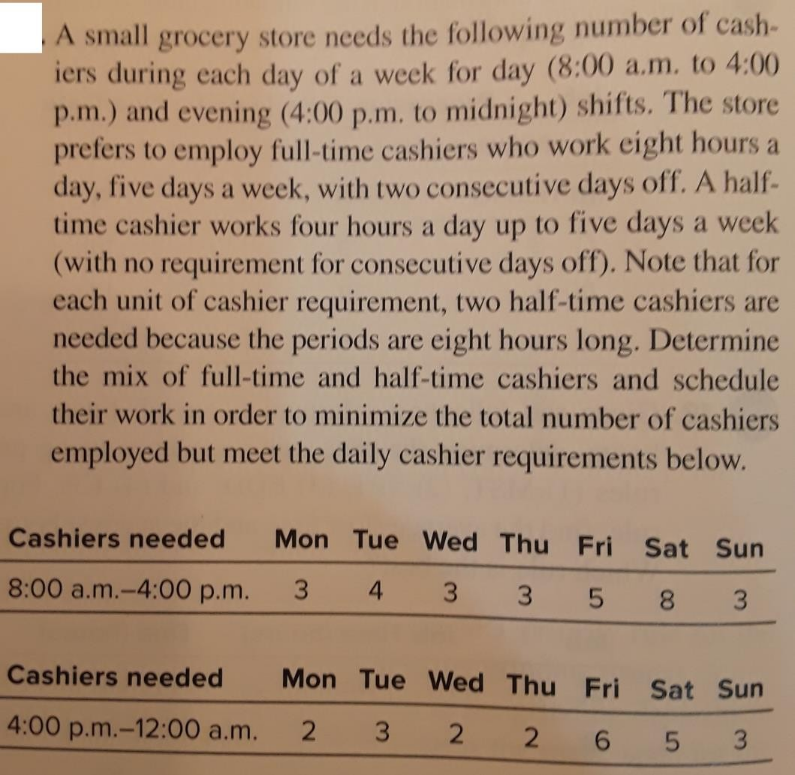 A small grocery store needs the following number of cash-
iers during each day of a week for day (8:00 a.m. to 4:00
p.m.) and evening (4:00 p.m. to midnight) shifts. The store
prefers to employ full-time cashiers who work eight hours a
day, five days a week, with two consecutive days off. A half-
time cashier works four hours a day up to five days a week
(with no requirement for consecutive days off). Note that for
each unit of cashier requirement, two half-time cashiers are
needed because the periods are eight hours long. Determine
the mix of full-time and half-time cashiers and schedule
their work in order to minimize the total number of cashiers
employed but meet the daily cashier requirements below.
Cashiers needed Mon Tue Wed Thu Fri Sat Sun
8:00 a.m.-4:00 p.m. 3 4 3 3 5 8 3
Cashiers needed Mon Tue
4:00 p.m.-12:00 a.m. 2 3 2
Wed Thu Fri Sat Sun
2 6
5 3