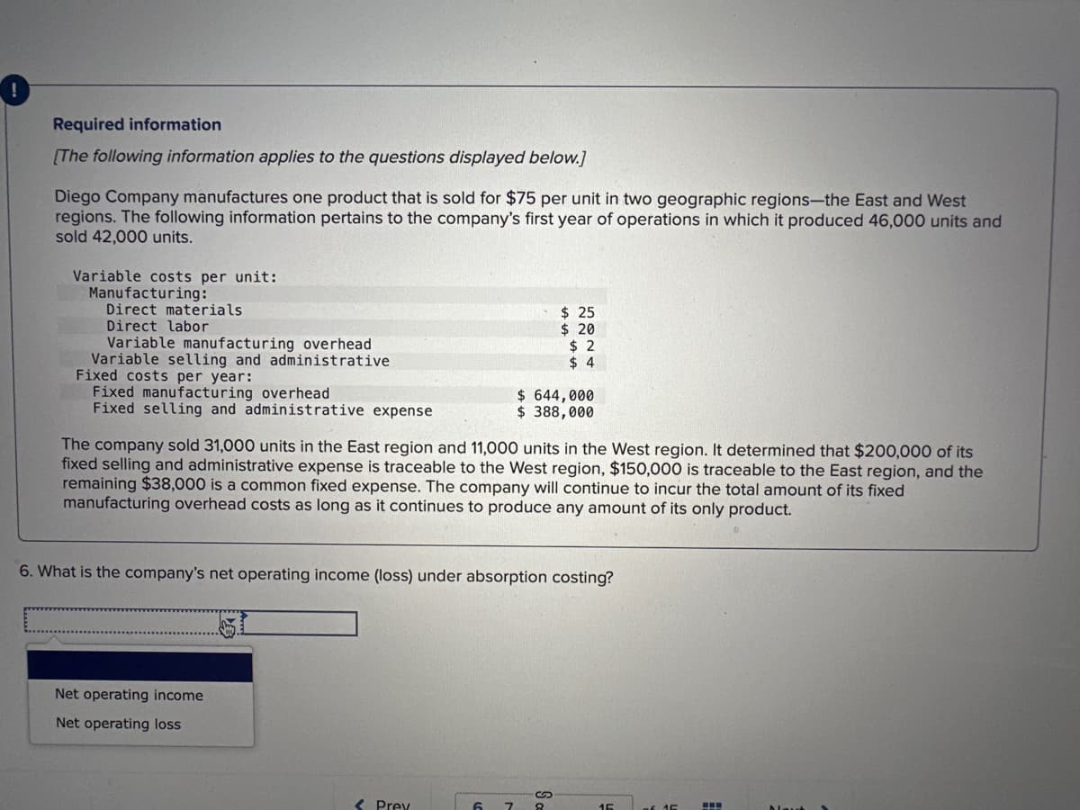 Required information
[The following information applies to the questions displayed below.]
Diego Company manufactures one product that is sold for $75 per unit in two geographic regions-the East and West
regions. The following information pertains to the company's first year of operations in which it produced 46,000 units and
sold 42,000 units.
Variable costs per unit:
Manufacturing:
Direct materials
Direct labor
Variable manufacturing overhead
Variable selling and administrative
Fixed costs per year:
Fixed manufacturing overhead
Fixed selling and administrative expense
Net operating income
Net operating loss
The company sold 31,000 units in the East region and 11,000 units in the West region. It determined that $200,000 of its
fixed selling and administrative expense is traceable to the West region, $150,000 is traceable to the East region, and the
remaining $38,000 is a common fixed expense. The company will continue to incur the total amount of its fixed
manufacturing overhead costs as long as it continues to produce any amount of its only product.
Prey
$ 25
$ 20
$ 644,000
$ 388,000
6. What is the company's net operating income (loss) under absorption costing?
$2
$4
Sc
6 7 8
16