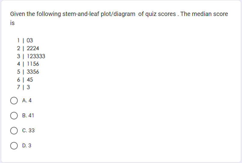 Given the following stem-and-leaf plot/diagram of quiz scores. The median score
is
1 | 03
2 | 2224
3
4 | 1156
5 | 3356
6 | 45
713
123333
A. 4
B. 41
C. 33
D. 3