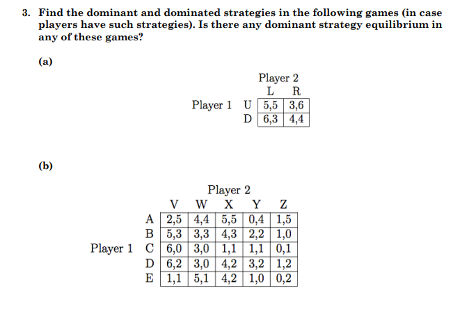 3. Find the dominant and dominated strategies in the following games (in case
players have such strategies). Is there any dominant strategy equilibrium in
any of these games?
(a)
Player 2
L R
Player 1 U 5,5 3,6
D 6,3 4,4
(b)
Player 2
V W X Y Z
A 2,5 4,4| 5,5 | 0,4 | 1,5
B 5,3 3,3 4,3 | 2,2 | 1,0
Player 1 C 6,0 | 3,0 | 1,1| 1,1 |0,1
D 6,2 3,0 | 4,2 | 3,2 | 1,2
E 1,1 5,1| 4,2 | 1,0 | 0,2
