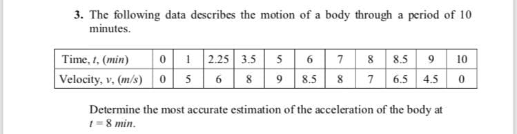 3. The following data describes the motion of a body through a period of 10
minutes.
Time, t, (min)
0 1 2.25 3.5
5
6 7
8 8.5
9
10
Velocity, v, (m/s)
5
6
8
9
8.5
7
6.5
4.5
Determine the most accurate estimation of the acceleration of the body at
t = 8 min.
