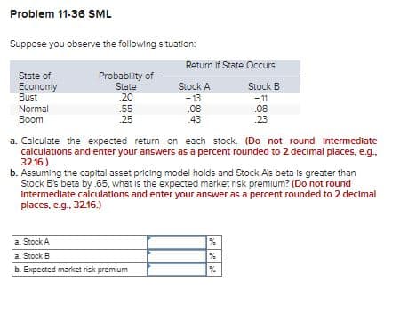 Problem 11-36 SML
Suppose you observe the following situation:
State of
Economy
Bust
Normal
Boom
Return if State Occurs
Probability of
State
Stock A
Stock B
.20
-13
-11
.55
.08
2.08
.25
43
.23
a. Calculate the expected return on each stock. (Do not round Intermediate
calculations and enter your answers as a percent rounded to 2 decimal places, e.g..
32.16.)
b. Assuming the capital asset pricing model holds and Stock A's beta is greater than
Stock B's beta by .65, what is the expected market risk premium? (Do not round
Intermediate calculations and enter your answer as a percent rounded to 2 decimal
places, e.g., 32.16.)
a. Stock A
a.
Stock B
b. Expected market risk premium
%
%
%