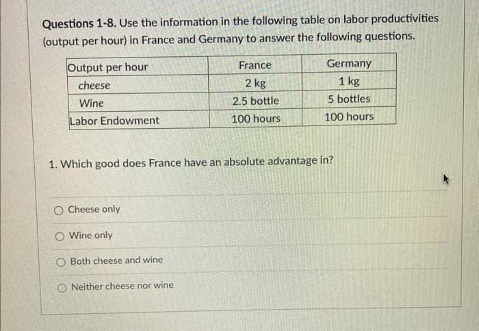 Questions 1-8. Use the information in the following table on labor productivities
(output per hour) in France and Germany to answer the following questions.
Output per hour
cheese
Wine
Labor Endowment
O Cheese only
O Wine only
1. Which good does France have an absolute advantage in?
Both cheese and wine
France
2 kg
2.5 bottle
100 hours
ONeither cheese nor wine
Germany
1 kg
5 bottles
100 hours