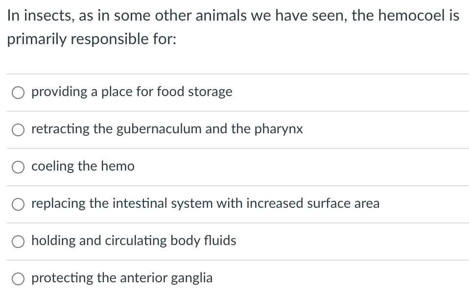 In insects, as in some other animals we have seen, the hemocoel is
primarily responsible for:
providing a place for food storage
retracting the gubernaculum and the pharynx
O coeling the hemo
replacing the intestinal system with increased surface area
holding and circulating body fluids
protecting the anterior ganglia
