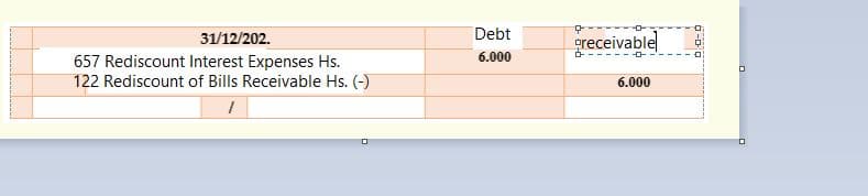 Debt
ereceivable
31/12/202.
6.000
657 Rediscount Interest Expenses Hs.
122 Rediscount of Bills Receivable Hs. (-)
6.000
