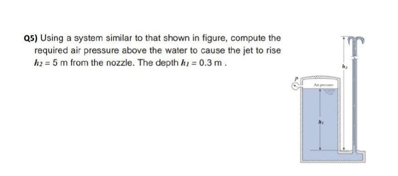 Q5) Using a system similar to that shown in figure, compute the
required air pressure above the water to cause the jet to rise
h2 = 5 m from the nozzle. The depth hi = 0.3 m.
