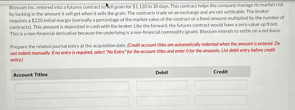 Blossom Inc. entered into a futures contract to sell grain for $1,120 in 30 days. This contract helps the company manage its market risk
by locking in the amount it will get when it sells the grain. The contracts trade on an exchange and are net settleable. The broker
requires a $220 initial margin (normally a percentage of the market value of the contract or a fixed amount multiplied by the number of
contracts). This amount is deposited in cash with the broker. Like the forward, the futures contract would have a zero value up front.
This is a non-financial derivative because the underlying is a non-financial commodity (grain). Blossom intends to settle on a net basis.
Prepare the related journal entry at the acquisition date. (Credit account titles are automatically indented when the amount is entered. Do
not indent manually. If no entry is required, select "No Entry" for the account titles and enter O for the amounts. List debit entry before credit
entry.)
Account Titles
Debit
Credit