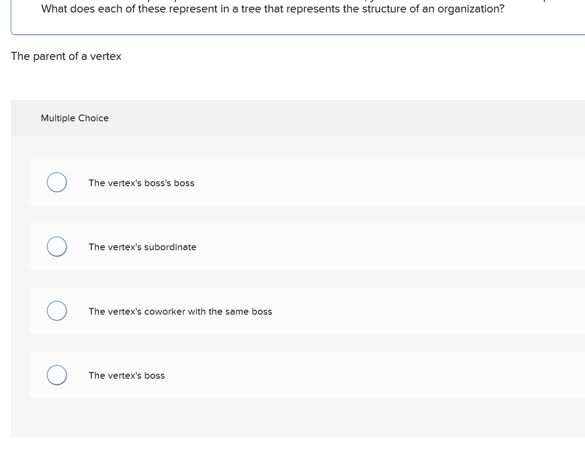 What does each of these represent in a tree that represents the structure of an organization?
The parent of a vertex
Multiple Choice
○ The vertex's boss's boss
○ The vertex's subordinate
○ The vertex's coworker with the same boss
о
The vertex's boss