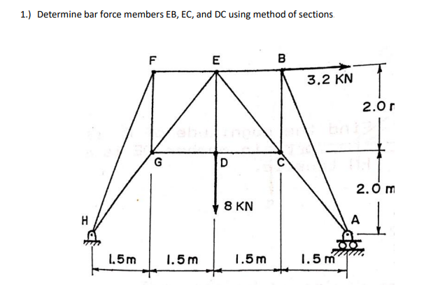 1.) Determine bar force members EB, EC, and DC using method of sections.
F
E
в
3,2 KN
2.0r
G
2.0 m
8 KN
H
A
1.5m
1.5 m
1.5m
1.5 m
