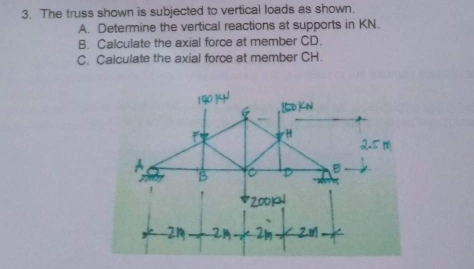 3. The truss shown is subjected to vertical loads as shown.
A. Determine the vertical reactions at supports in KN.
B. Calculate the axial force at member CD.
C. Calculate the axial force at member CH.
140 KN
O
4
200K
2M2M2201-*
2.5 m
24+
