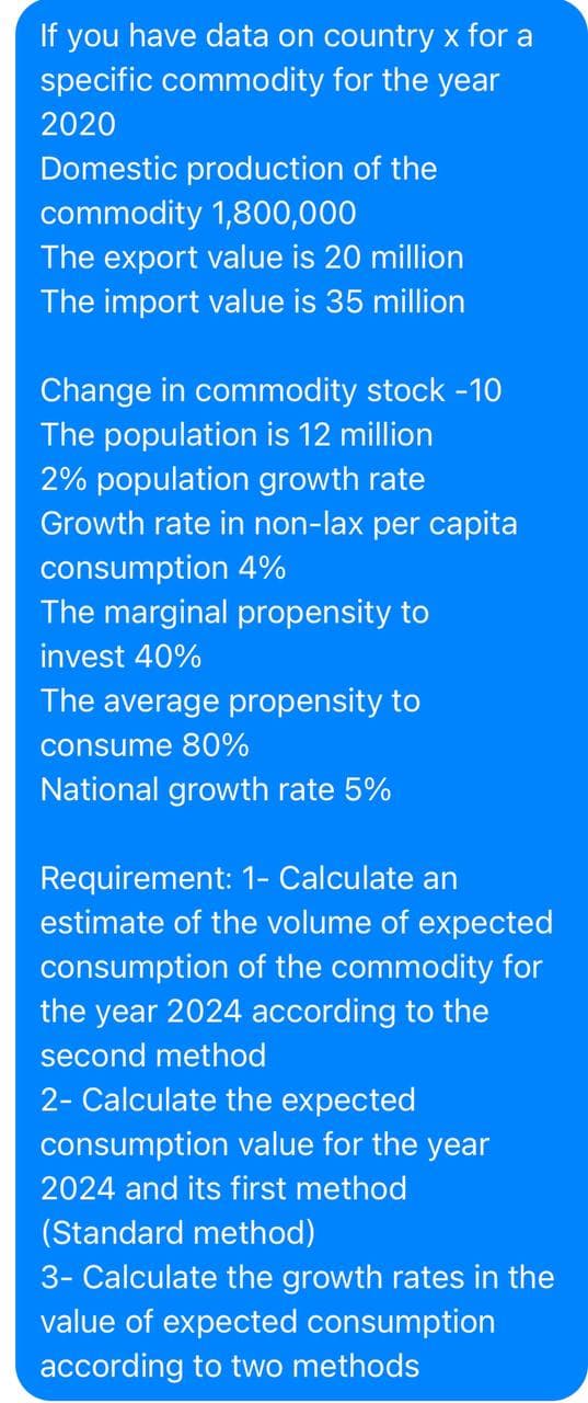 If you have data on country x for a
specific commodity for the year
2020
Domestic production of the
commodity 1,800,000
The export value is 20 million
The import value is 35 million
Change in commodity stock -10
The population is 12 million
2% population growth rate
Growth rate in non-lax per capita
consumption 4%
The marginal propensity to
invest 40%
The average propensity to
consume 80%
National growth rate 5%
Requirement: 1- Calculate an
estimate of the volume of expected
consumption of the commodity for
the year 2024 according to the
second method
2- Calculate the expected
consumption value for the year
2024 and its first method
(Standard method)
3- Calculate the growth rates in the
value of expected consumption
according to two methods
