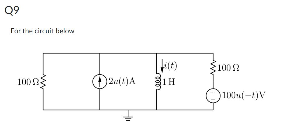 09
For the circuit below
100 ΩΣ
(1)2u(t)A
di(t)
1Η
3100 Ω
100u(–t)V