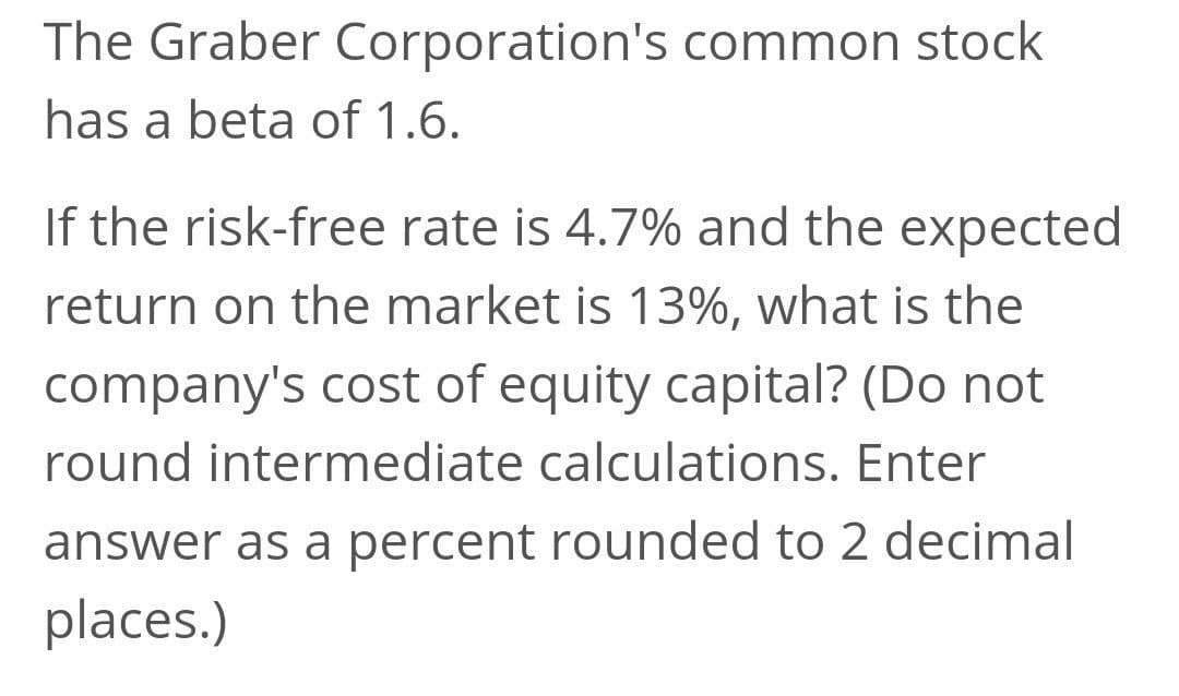 The Graber Corporation's common stock
has a beta of 1.6.
If the risk-free rate is 4.7% and the expected
return on the market is 13%, what is the
company's cost of equity capital? (Do not
round intermediate calculations. Enter
answer as a percent rounded to 2 decimal
places.)
