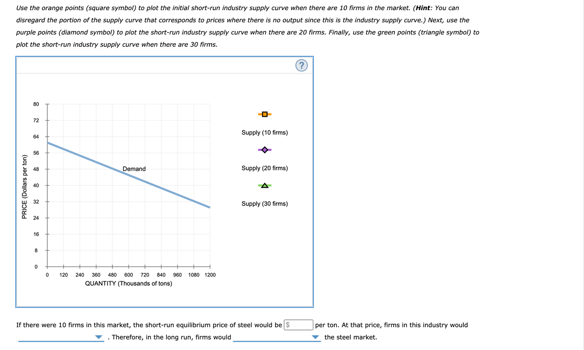 Use the orange points (square symbol) to plot the initial short-run industry supply curve when there are 10 firms in the market. (Hint: You can
disregard the portion of the supply curve that corresponds to prices where there is no output since this is the industry supply curve.) Next, use the
purple points (diamond symbol) to plot the short-run industry supply curve when there are 20 firms. Finally, use the green points (triangle symbol) to
plot the short-run industry supply curve when there are 30 firms.
80
72
Supply (10 firms)
64
56
48
Demand
Supply (20 firms)
40
32
Supply (30 firms)
24
16
8
120
240
360 480
600
720
840
960
1080 1200
QUANTITY (Thousands of tons)
If there were 10 firms in this market, the short-run equilibrium price of steel would be$
per ton. At that price, firms in this industry would
Therefore, in the long run, firms would
v the steel market.
PRICE (Dollars per ton)
