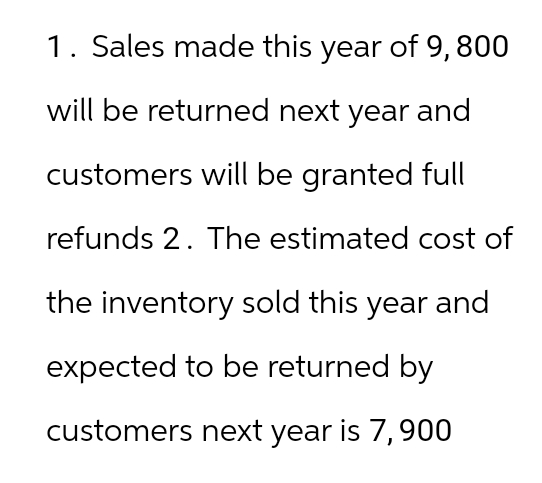 1. Sales made this year of 9,800
will be returned next year and
customers will be granted full
refunds 2. The estimated cost of
the inventory sold this year and
expected to be returned by
customers next year is 7, 900
