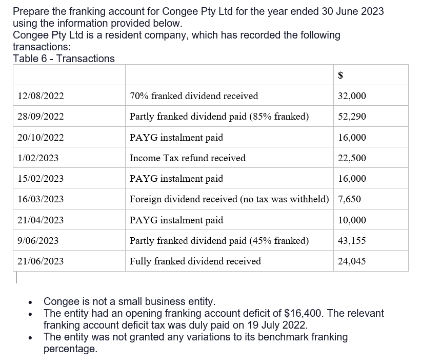 Prepare the franking account for Congee Pty Ltd for the year ended 30 June 2023
using the information provided below.
Congee Pty Ltd is a resident company, which has recorded the following
transactions:
Table 6 - Transactions
$
12/08/2022
70% franked dividend received
32,000
28/09/2022
Partly franked dividend paid (85% franked)
52,290
20/10/2022
PAYG instalment paid
16,000
1/02/2023
Income Tax refund received
22,500
15/02/2023
PAYG instalment paid
16,000
16/03/2023
Foreign dividend received (no tax was withheld) 7,650
21/04/2023
PAYG instalment paid
10,000
9/06/2023
21/06/2023
Partly franked dividend paid (45% franked)
Fully franked dividend received
43,155
24,045
•
•
Congee is not a small business entity.
The entity had an opening franking account deficit of $16,400. The relevant
franking account deficit tax was duly paid on 19 July 2022.
The entity was not granted any variations to its benchmark franking
percentage.