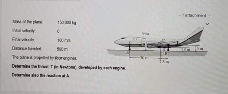 Mass of the plane
150,000 kg
Initial velocity
0
Final velocity
100 m/s
Distance traveled
500 m
The plane is propelled by four engines.
Determine the thrust, T (in Newtons), developed by each engine.
Determine also the reaction at A.
9m
30 m
-1 attachment
14m 5m