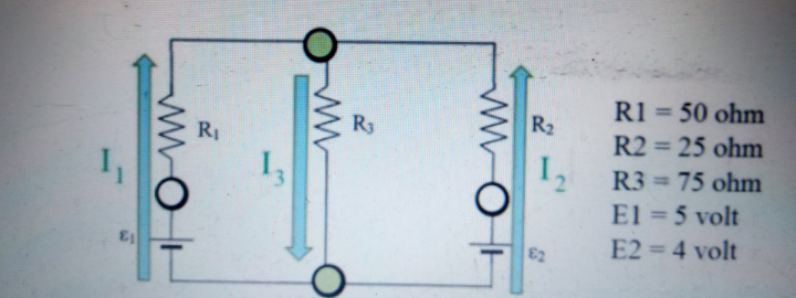 R1 = 50 ohm
R2 = 25 ohm
R3 = 75 ohm
El = 5 volt
E2 = 4 volt
R2
R3
RI
E
82
wwO
