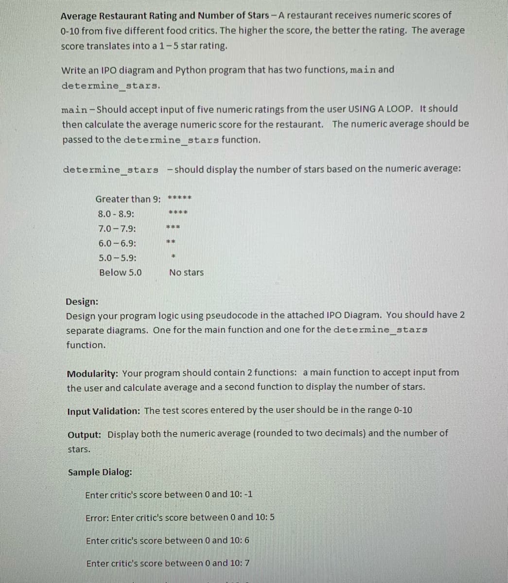 Average Restaurant Rating and Number of Stars-A restaurant receives numeric scores of
0-10 from five different food critics. The higher the score, the better the rating. The average
score translates into a 1-5 star rating.
Write an IPO diagram and Python program that has two functions, main and
determine stars.
main-Should accept input of five numeric ratings from the user USING A LOOP. It should
then calculate the average numeric score for the restaurant. The numeric average should be
passed to the determine stars function.
determine stars -should display the number of stars based on the numeric average:
Greater than 9: *****
****
8.0 - 8.9:
7.0 -7.9:
***
6.0-6.9:
**
5.0-5.9:
Below 5.0
No stars
Design:
Design your program logic using pseudocode in the attached IPO Diagram. You should have 2
separate diagrams. One for the main function and one for the de termine stars
function.
Modularity: Your program should contain 2 functions: a main function to accept input from
the user and calculate average and a second function to display the number of stars.
Input Validation: The test scores entered by the user should be in the range 0-10
Output: Display both the numeric average (rounded to two decimals) and the number of
stars.
Sample Dialog:
Enter critic's score between 0 and 10: -1
Error: Enter critic's score between 0 and 10: 5
Enter critic's score between 0 and 10: 6
Enter critic's score between 0 and 10: 7
