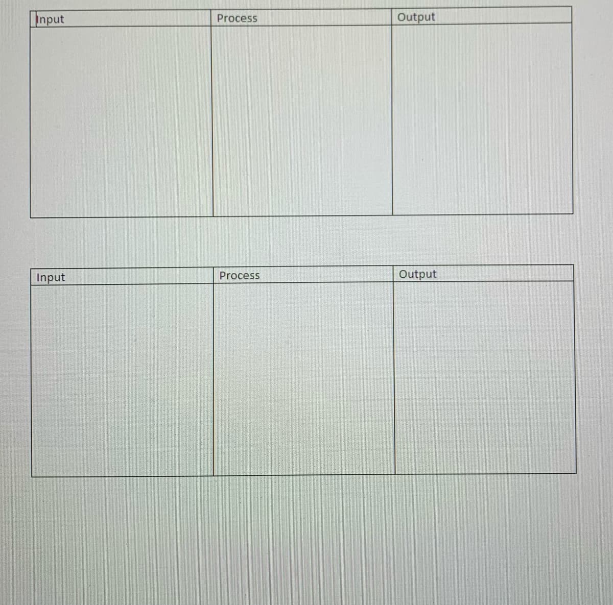 Input
Output
Process
Input
Process
Output
