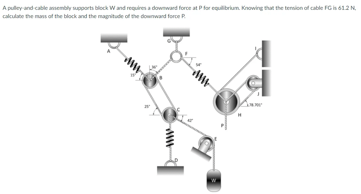 A pulley-and-cable assembly supports block W and requires a downward force at P for equilibrium. Knowing that the tension of cable FG is 61.2 N,
calculate the mass of the block and the magnitude of the downward force P.
A
ww
54"
L36*
78.701
25
w.
ww-
