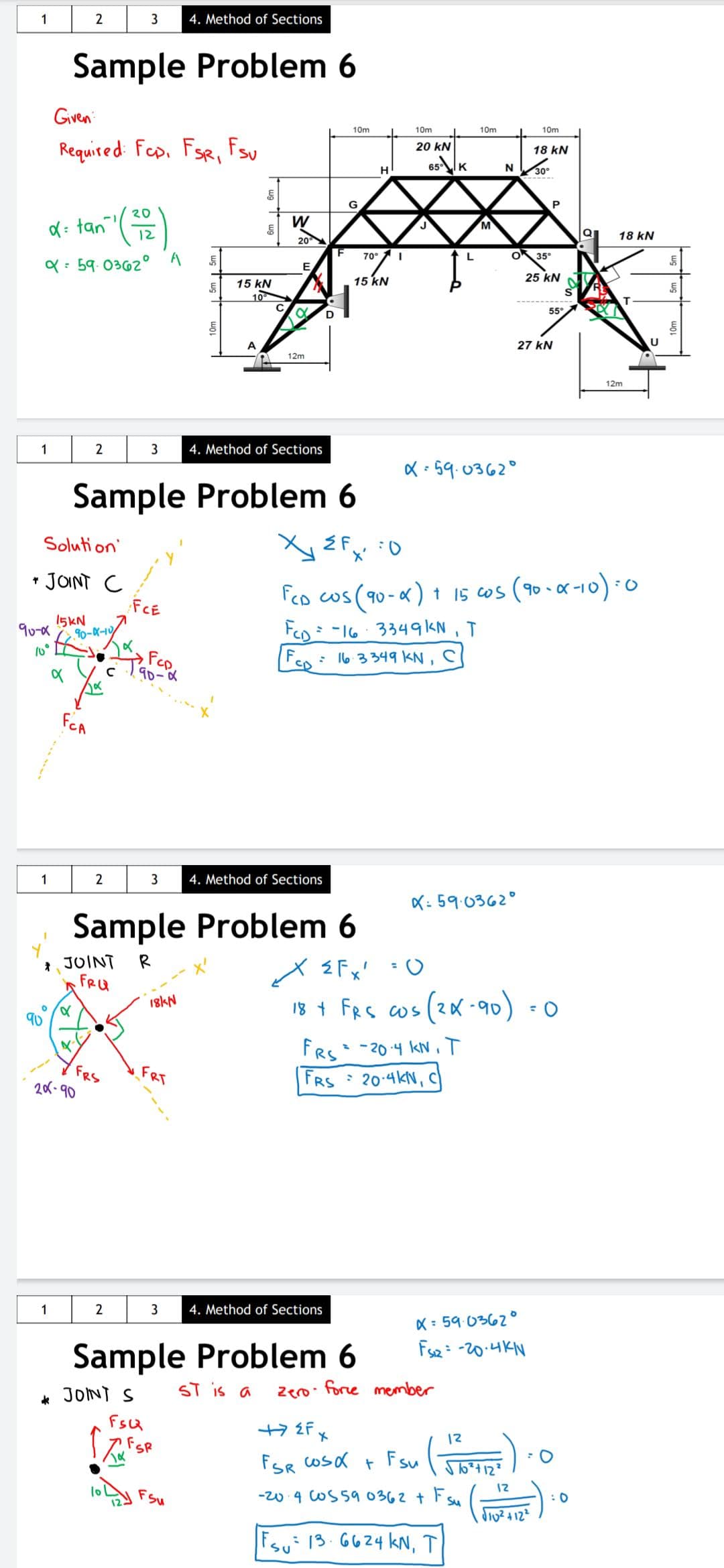 1
3
4. Method of Sections
Sample Problem 6
Given
10m
10m
10m
10m
Required Feo. FsR, Fsu
20 kN
18 kN
65
IK
H
30°
G
20
W
M
12
18 kN
20
70° 1 I
L
35°
9: 59.0362°
E
15 kN
25 kN
15 kN
10
55°
A
27 kN
12m
12m
1
3
4. Method of Sections
X: 59.0362°
Sample Problem 6
Soluti on'
X'
* JONT C
Fco cos(90-r) t 15 cos (90.r-10):
FCD:-16.3349KN, T
FCE
15KN
90-8
90-K-10
FCD
Fee
16.3349 KN, C
FCA
1
2
3
4. Method of Sections
X: 59.0362°
Sample Problem 6
JUINT
x Ź Fx'
オ
FRU
1s 1 FRs cos (2x -90)
18KN
18 + FRS ws
FRS -204 kN T
20-4KN, C
FRS
206-90
FRT
FRS
1
2
3
4. Method of Sections
X : 59.0362°
Fsz: -20:4KN
Sample Problem 6
ST is a
zero force member
d* JONT S
FscQ
FSR
12
FSR COSX + Fsu
12
FSu
-20.4 COS590362 t F su
Fsu 13. 6624 kN, T
Twg T wg
