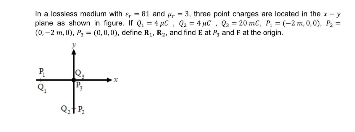 In a lossless medium with ɛ,
plane as shown in figure. If Q1 = 4 µC , Q2 = 4 µC , Q3 = 20 mC, Pq = (-2 m, 0,0), P2 =
(0, – 2 m, 0), P3 = (0,0,0), define R1, R2, and find E at P3 and F at the origin.
81 and u, = 3, three point charges are located in the x - y
%3D
