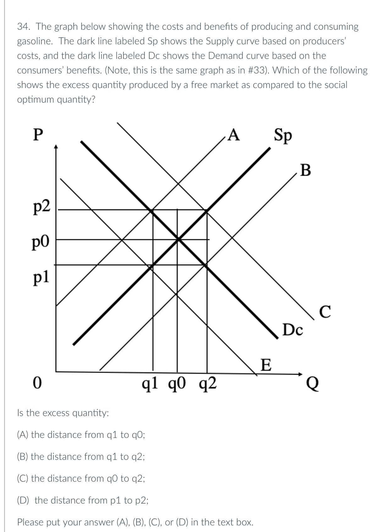34. The graph below showing the costs and benefits of producing and consuming
gasoline. The dark line labeled Sp shows the Supply curve based on producers'
costs, and the dark line labeled Dc shows the Demand curve based on the
consumers' benefits. (Note, this is the same graph as in #33). Which of the following
shows the excess quantity produced by a free market as compared to the social
optimum quantity?
P
p2
ро
pl
0
q1 q0 q2
A
Is the excess quantity:
(A) the distance from q1 to q0;
(B) the distance from q1 to q2;
(C) the distance from q0 to q2;
(D) the distance from p1 to p2;
Please put your answer (A), (B), (C), or (D) in the text box.
E
Sp
B
Dc
с
