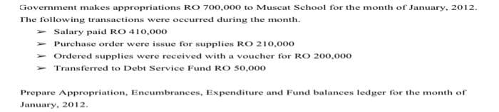 Government makes appropriations RO 700,000 to Muscat School for the month of January, 2012.
The following transactions were occurred during the month.
Salary paid RO 410,000
> Purchase order were issue for supplies RO 210,000
Ordered supplies were received with a voucher for RO 200,000
Transferred to Debt Service Fund RO 50,000
Prepare Appropriation, Encumbrances, Expenditure and Fund balances ledger for the month of
January, 2012.
