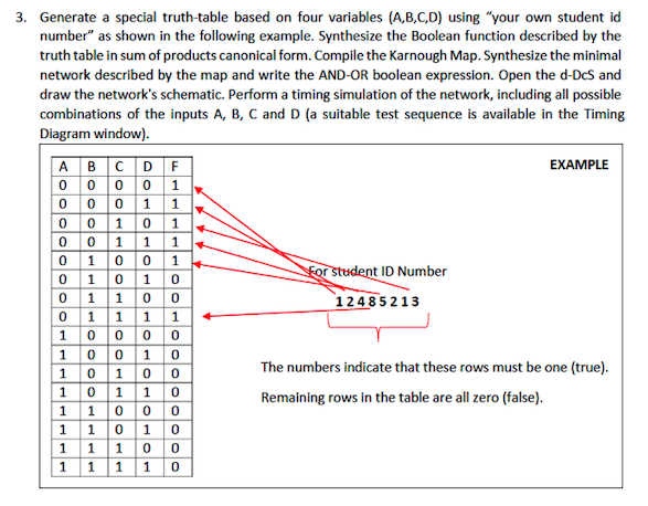 3. Generate a special truth-table based on four variables (A,B,C,D) using "your own student id
number" as shown in the following example. Synthesize the Boolean function described by the
truth table in sum of products canonical form. Compile the Karnough Map. Synthesize the minimal
network described by the map and write the AND-OR boolean expression. Open the d-DcS and
draw the network's schematic. Perform a timing simulation of the network, including all possible
combinations of the inputs A, B, C and D (a suitable test sequence is available in the Timing
Diagram window).
A BCDF
0 0 0 01
0 001 1
0 0 10 1
001 1 | 1-
0 10 0 1
0 10 1 0
0 1 1 00
0 1 1 1 1
10 00 o
1001 0
101 0 0
0 1 1 0
1 10 00
1 1 010
1 1 100
1 1 1 0
EXAMPLE
For student ID Number
12485213
The numbers indicate that these rows must be one (true).
1
Remaining rows in the table are all zero (false).
1
