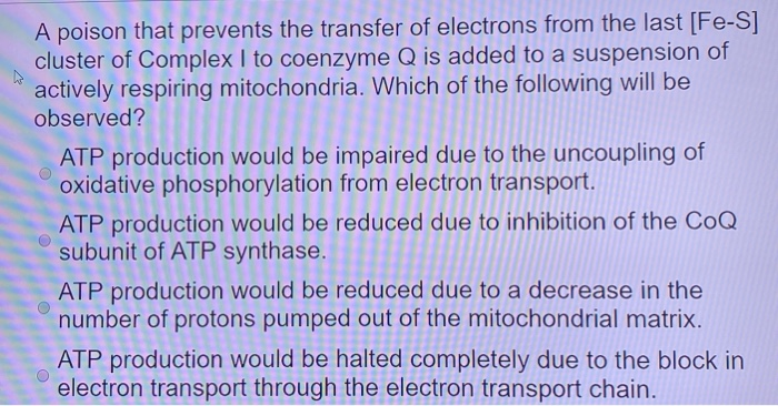 A poison that prevents the transfer of electrons from the last [Fe-S]
cluster of Complex I to coenzyme Q is added to a suspension of
actively respiring mitochondria. Which of the following will be
observed?
ATP production would be impaired due to the uncoupling of
oxidative phosphorylation from electron transport.
ATP production would be reduced due to inhibition of the CoQ
subunit of ATP synthase.
ATP production would be reduced due to a decrease in the
number of protons pumped out of the mitochondrial matrix.
ATP production would be halted completely due to the block in
electron transport through the electron transport chain.
