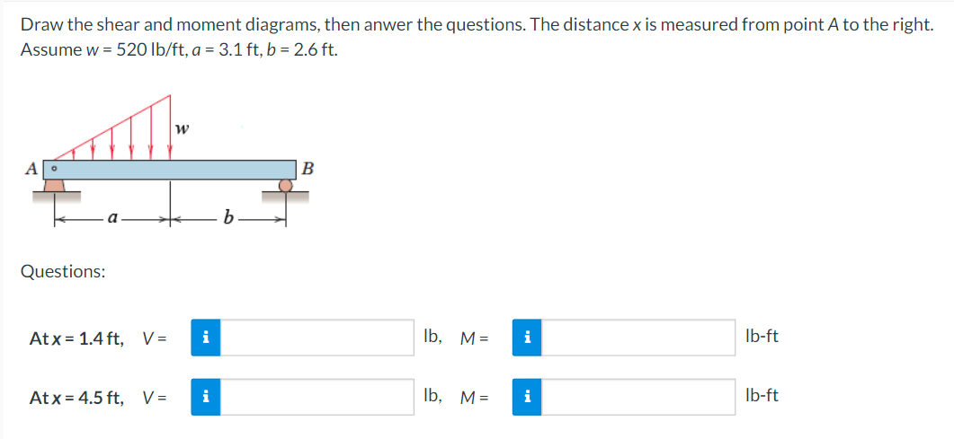 Draw the shear and moment diagrams, then anwer the questions. The distance x is measured from point A to the right.
Assume w = 520 lb/ft, a = 3.1 ft, b = 2.6 ft.
B
Questions:
Atx = 1.4 ft, V=
i
Ib, M=
i
Ib-ft
Atx = 4.5 ft, V=
i
Ib, M=
i
Ib-ft
