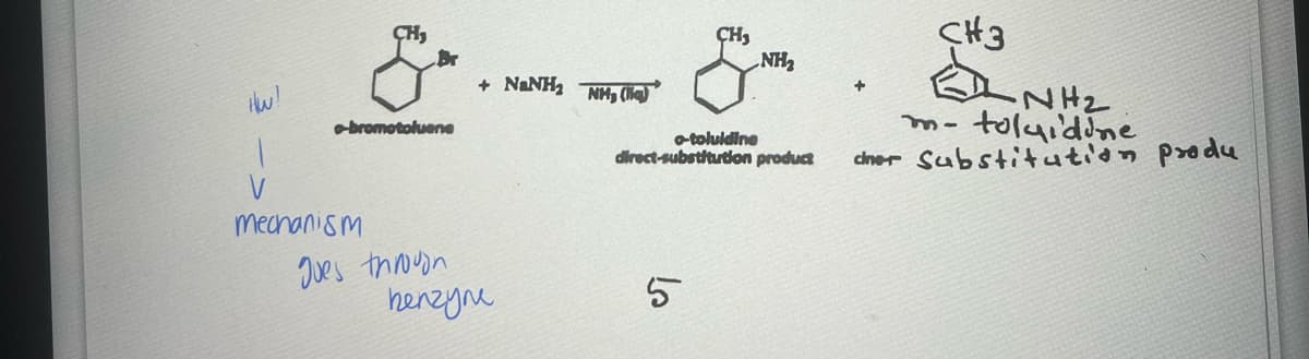 HW!
1
V
5.
e-bromotoluene
mechanism
+ NaNH,
gues throun
benzyne
NH(
CH₂
5
NH₂
o-toluldine
direct-substitution product
CH3
NH₂
m- tolaidine
dner Substitution produ