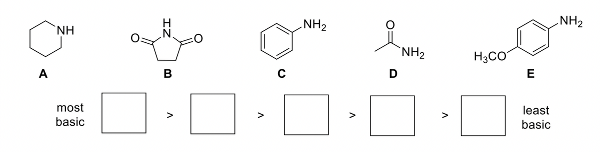 A
ΝΗ
most
basic
B
>
V
с
NH₂
V
NH₂
H3CO
E
least
basic
NH₂