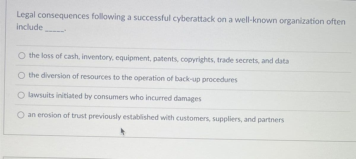 Legal consequences following a successful cyberattack on a well-known organization often
include
O the loss of cash, inventory, equipment, patents, copyrights, trade secrets, and data
the diversion of resources to the operation of back-up procedures
O lawsuits initiated by consumers who incurred damages
O an erosion of trust previously established with customers, suppliers, and partners