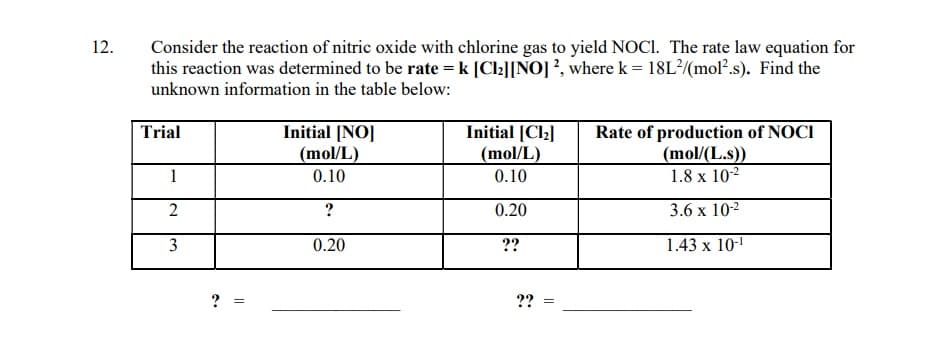 12.
Consider the reaction of nitric oxide with chlorine gas to yield NOCI. The rate law equation for
this reaction was determined to be rate = k [Cl₂][NO] 2, where k = 18L²/(mol².s). Find the
unknown information in the table below:
Trial
1
2
3
?
Initial [NO]
(mol/L)
0.10
?
0.20
Initial [Cl₂]
(mol/L)
0.10
0.20
??
??
||
Rate of production of NOCI
(mol/(L.s))
1.8 x 10-²
3.6 x 10-²
1.43 x 10-¹