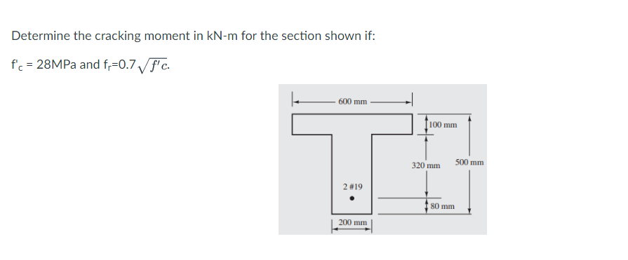 Determine the cracking moment in kN-m for the section shown if:
f'c = 28MPa and f₁=0.7√f'c.
600 mm
2 #19
200 mm
100 mm
320 mm
80 mm
500 mm