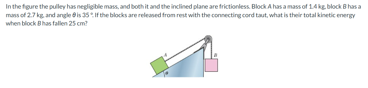 In the figure the pulley has negligible mass, and both it and the inclined plane are frictionless. Block A has a mass of 1.4 kg, block B has a
mass of 2.7 kg, and angle is 35 °. If the blocks are released from rest with the connecting cord taut, what is their total kinetic energy
when block B has fallen 25 cm?
B