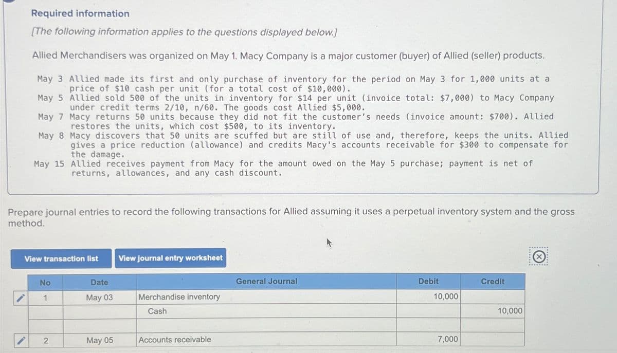 Required information
[The following information applies to the questions displayed below.]
Allied Merchandisers was organized on May 1. Macy Company is a major customer (buyer) of Allied (seller) products.
May 3 Allied made its first and only purchase of inventory for the period on May 3 for 1,000 units at a
price of $10 cash per unit (for a total cost of $10,000).
May 5 Allied sold 500 of the units in inventory for $14 per unit (invoice total: $7,000) to Macy Company
under credit terms 2/10, n/60. The goods cost Allied $5,000.
May 7 Macy returns 50 units because they did not fit the customer's needs (invoice amount: $700). Allied
restores the units, which cost $500, to its inventory.
May 8 Macy discovers that 50 units are scuffed but are still of use and, therefore, keeps the units. Allied
gives a price reduction (allowance) and credits Macy's accounts receivable for $300 to compensate for
the damage.
May 15 Allied receives payment from Macy for the amount owed on the May 5 purchase; payment is net of
returns, allowances, and any cash discount.
Prepare journal entries to record the following transactions for Allied assuming it uses a perpetual inventory system and the gross
method.
View transaction list
View journal entry worksheet
No
Date
General Journal
1
May 03
Merchandise inventory
Cash
2
May 05
Accounts receivable
Debit
Credit
10,000
7,000
10,000