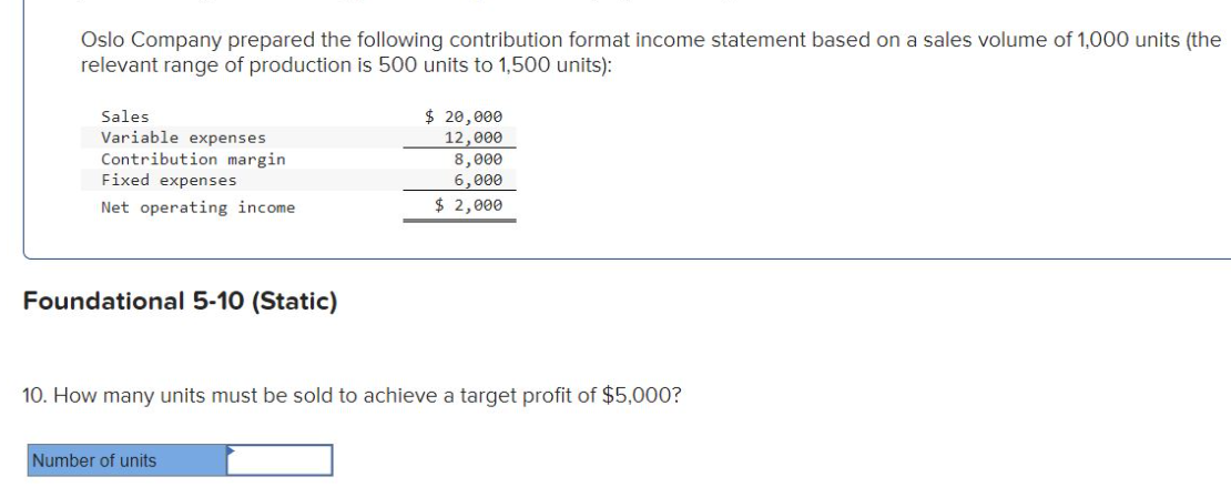 Oslo Company prepared the following contribution format income statement based on a sales volume of 1,000 units (the
relevant range of production is 500 units to 1,500 units):
Sales
Variable expenses
Contribution margin
Fixed expenses
Net operating income
Foundational 5-10 (Static)
$ 20,000
12,000
Number of units
8,000
6,000
$ 2,000
10. How many units must be sold to achieve a target profit of $5,000?