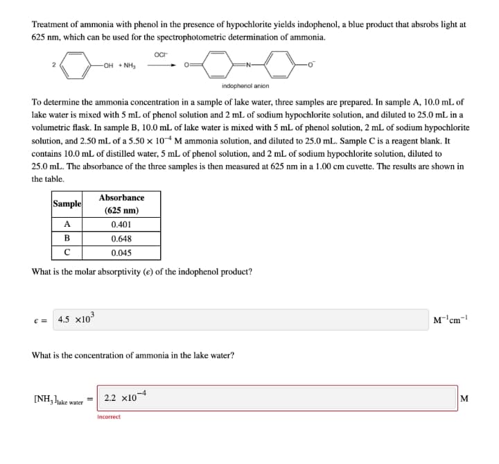 Treatment of ammonia with phenol in the presence of hypochlorite yields indophenol, a blue product that absrobs light at
625 nm, which can be used for the spectrophotometric determination of ammonia.
ocr
SHN + HO-
indophenol anion
To determine the ammonia concentration in a sample of lake water, three samples are prepared. In sample A, 10.0 mL of
lake water is mixed with 5 mL of phenol solution and 2 mL of sodium hypochlorite solution, and diluted to 25.0 mL in a
volumetric flask. In sample B, 10.0 mL of lake water is mixed with 5 mL of phenol solution, 2 mL of sodium hypochlorite
solution, and 2.50 mL of a 5.50 x 104 M ammonia solution, and diluted to 25.0 mL. Sample C is a reagent blank. It
contains 10.0 mL of distilled water, 5 mL of phenol solution, and 2 mL of sodium hypochlorite solution, diluted to
25.0 mL. The absorbance of the three samples is then measured at 625 nm in a 1.00 cm cuvette. The results are shown in
the table.
Absorbance
Sample
(625 nm)
A
0.401
В
0.648
0.045
What is the molar absorptivity (e) of the indophenol product?
4.5 x103
M-'cm-
What is the concentration of ammonia in the lake water?
[NH,1ake water
2.2 x10
Incorrect
