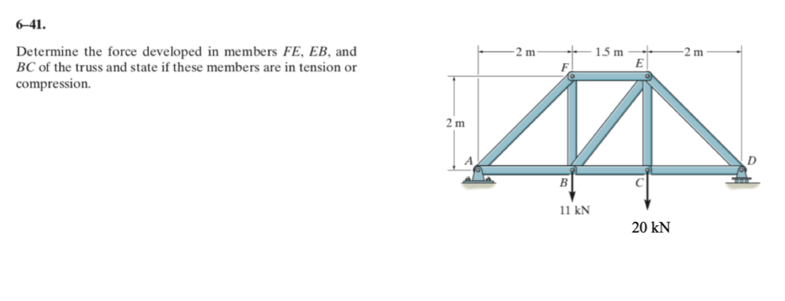6–41.
Determine the force developed in members FE, EB, and
BC of the truss and state if these members are in tension or
compression.
2 m
1.5 m
2 m
2 m
B
11 kN
20 kN
