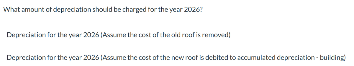 What amount of depreciation should be charged for the year 2026?
Depreciation for the year 2026 (Assume the cost of the old roof is removed)
Depreciation for the year 2026 (Assume the cost of the new roof is debited to accumulated depreciation - building)