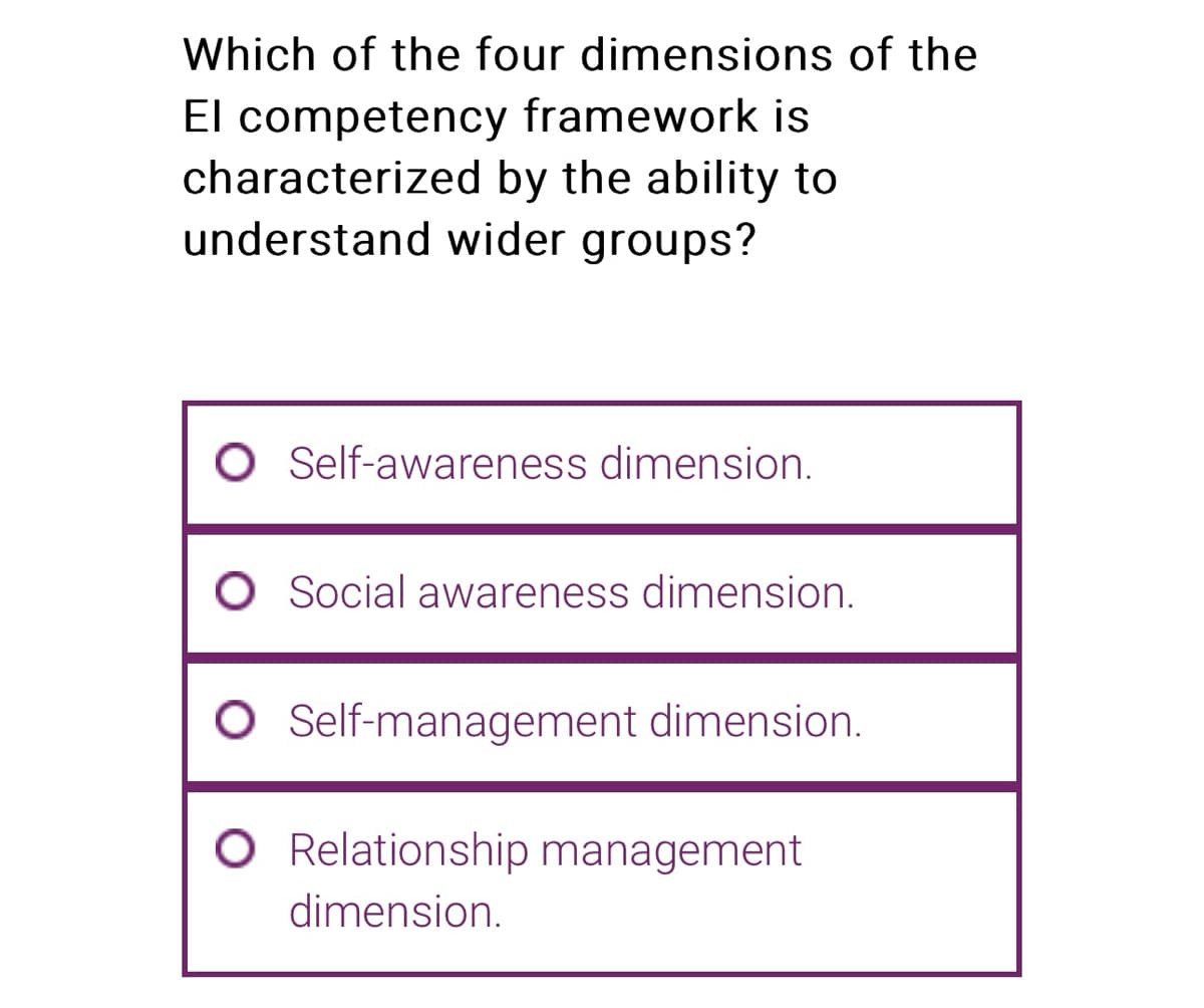 Which of the four dimensions of the
El competency framework is
characterized by the ability to
understand wider groups?
O Self-awareness dimension.
Social awareness dimension.
O Self-management dimension.
O Relationship management
dimension.