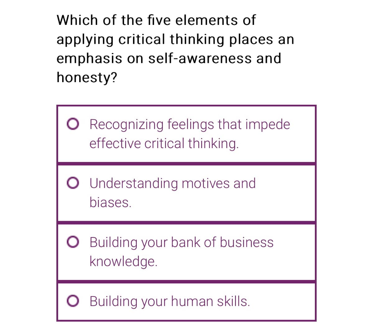 Which of the five elements of
applying critical thinking places an
emphasis on self-awareness and
honesty?
O Recognizing feelings that impede
effective critical thinking.
O Understanding motives and
biases.
O Building your bank of business
knowledge.
Building your human skills.