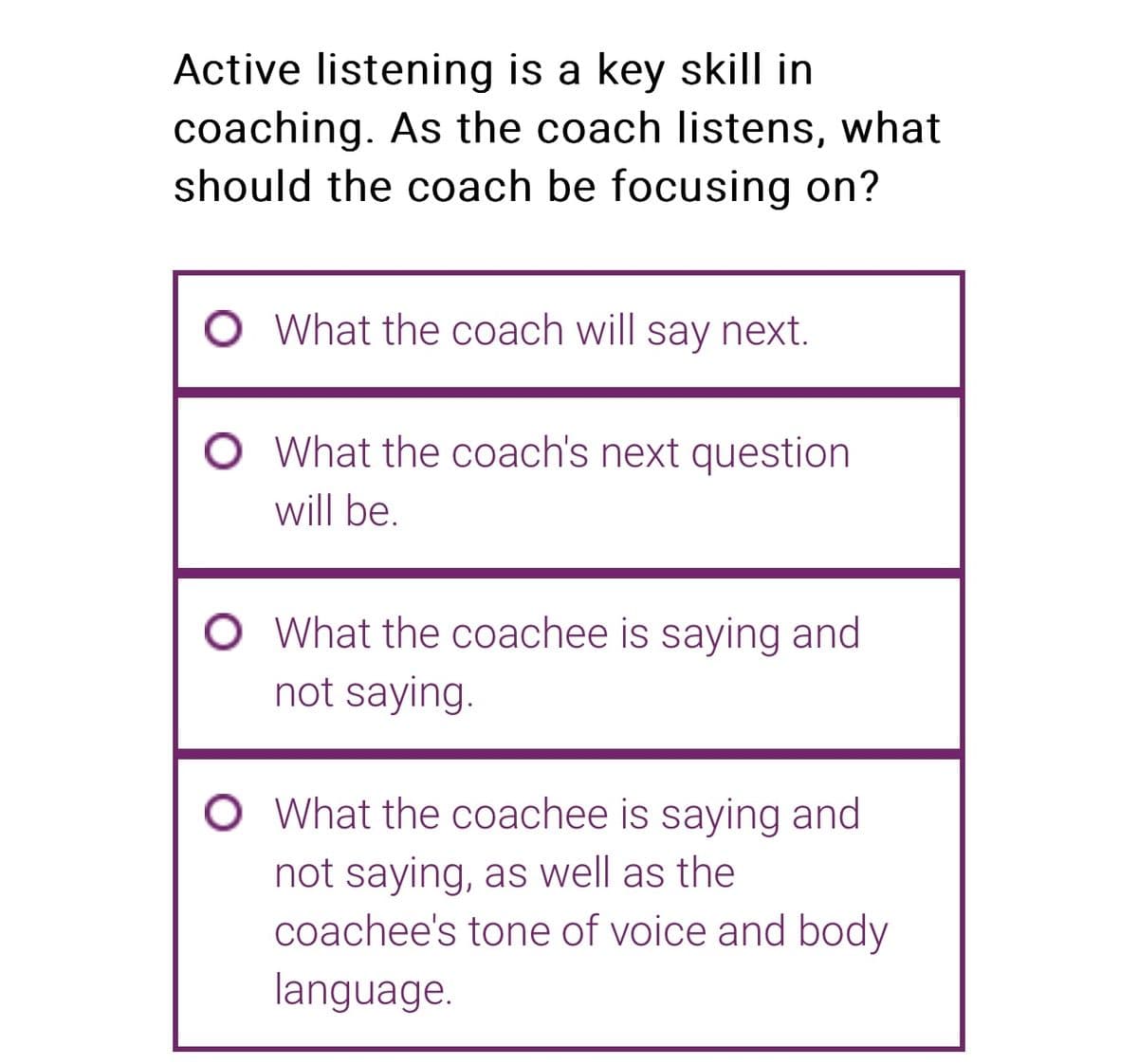 Active listening is a key skill in
coaching. As the coach listens, what
should the coach be focusing on?
O What the coach will say next.
What the coach's next question
will be.
O What the coachee is saying and
not saying.
O What the coachee is saying and
not saying, as well as the
coachee's tone of voice and body
language.