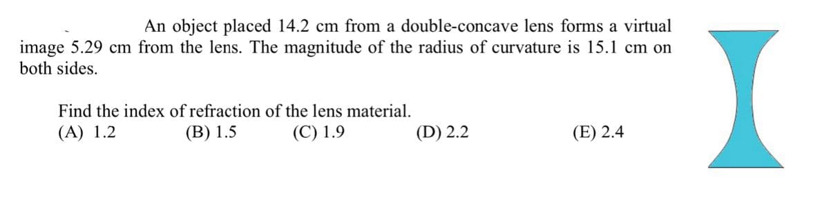 An object placed 14.2 cm from a double-concave lens forms a virtual
image 5.29 cm from the lens. The magnitude of the radius of curvature is 15.1 cm on
both sides.
Find the index of refraction of the lens material.
(B) 1.5
(A) 1.2
(C) 1.9
(D) 2.2
(E) 2.4
I